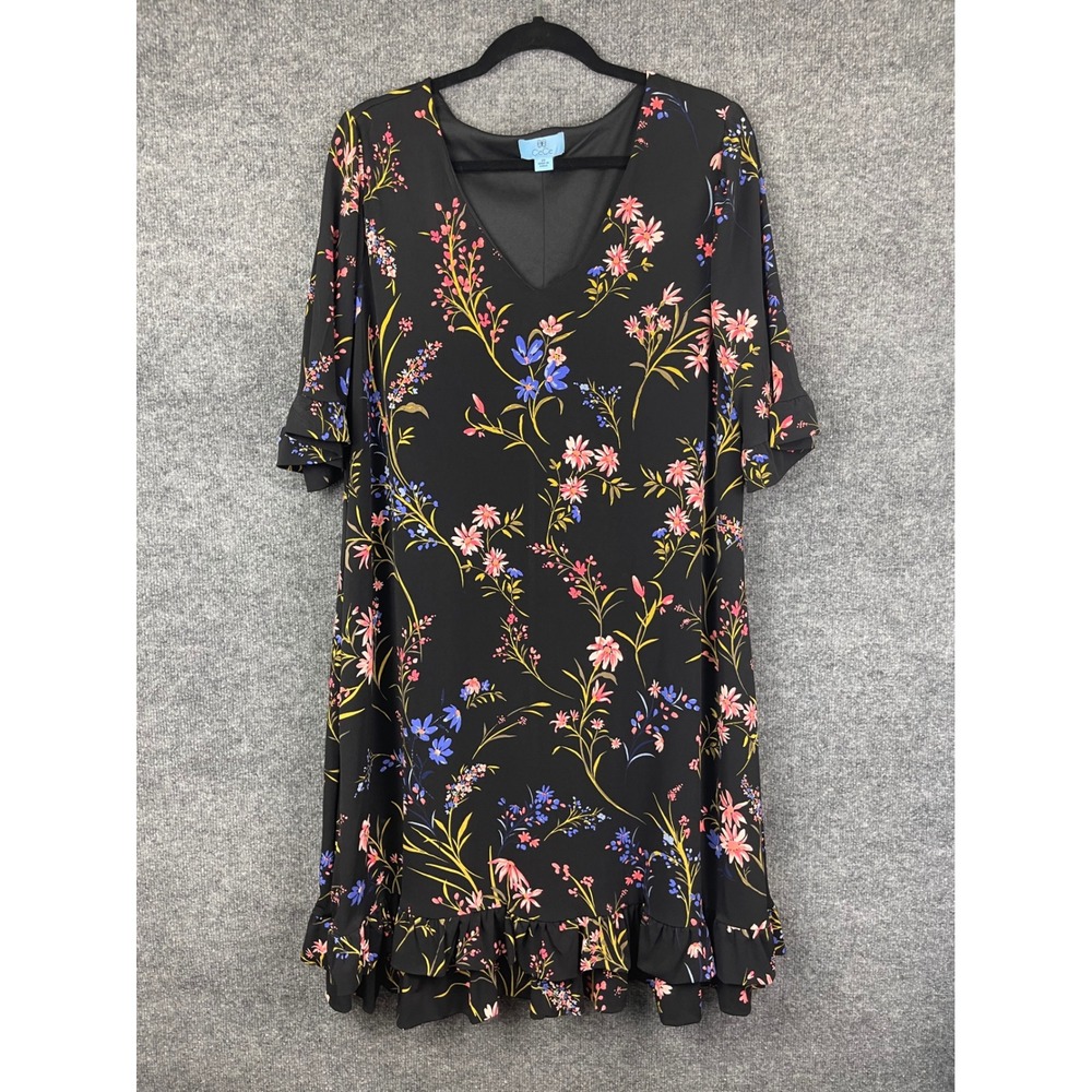 CeCe Floral‎ Shift Dress Womens 2X Black Excellent Ruffle Sleeve V-Neck 7421719
